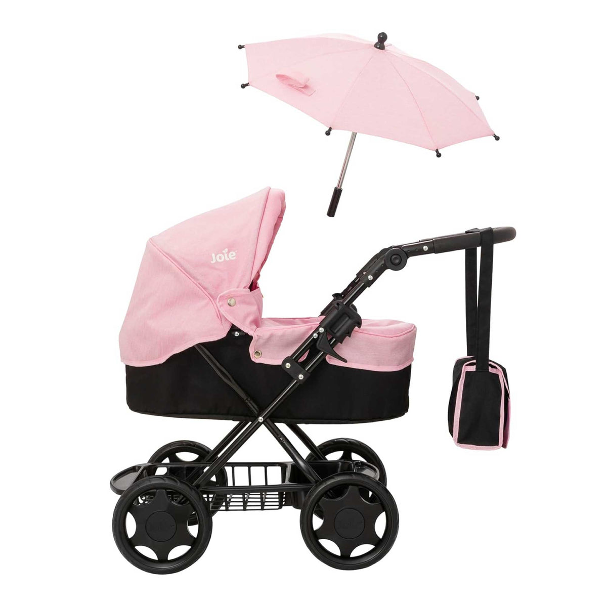 Joie Junior Classic Pram in pink and black, featuring a vintage design, includes a handheld parasol and a matching changing bag, perfect for children to enjoy sophisticated doll play and outings.