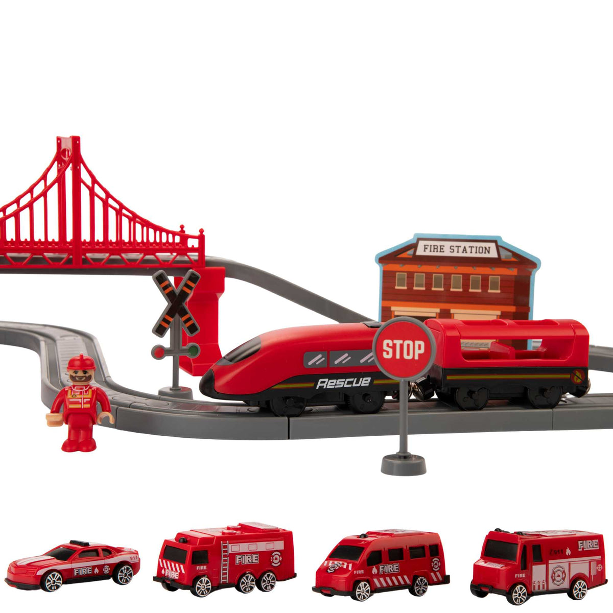 Teamsterz Fire Service Rescue Train Set - 66 Pieces Included Helicopters &amp; Planes