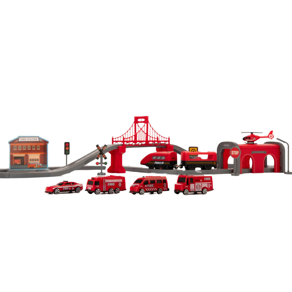 Teamsterz Fire Service Rescue Train Set - 66 Pieces Included Helicopters &amp; Planes