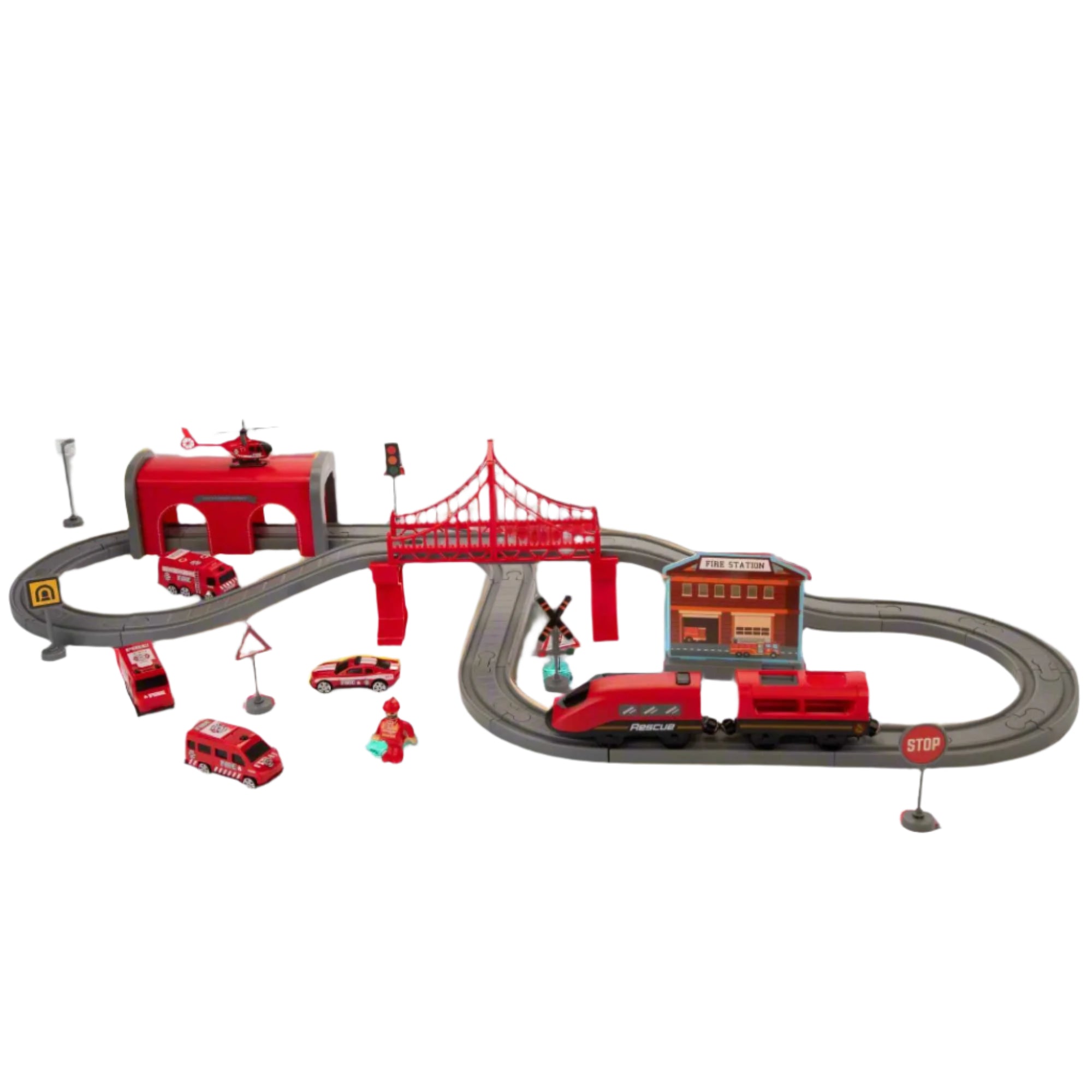 Teamsterz Fire Service Rescue Train Set - 66 Pieces Included Helicopters & Planes