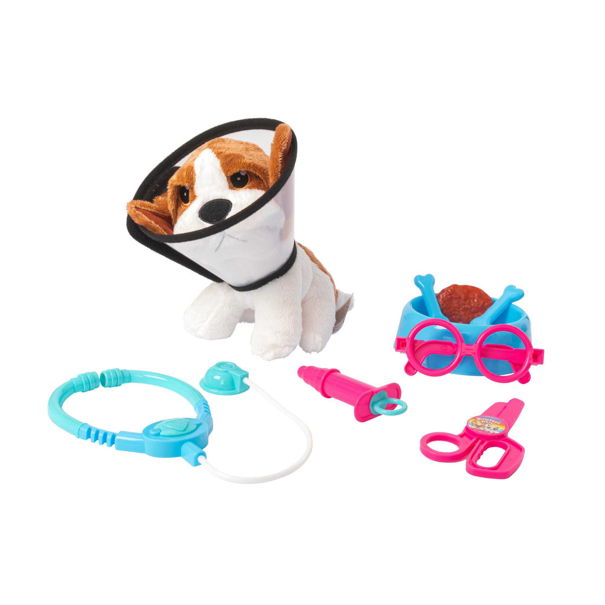 Pawfect Pets Vet Set featuring a plush toy dog, child-sized stethoscope, syringe, pet cone, and portable carrying case—ideal veterinary role-play kit for kids aged 3 and up.