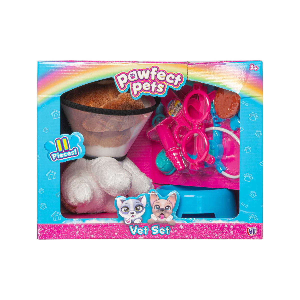 Pawfect Pets Vet Set featuring a plush toy dog, child-sized stethoscope, syringe, pet cone, and portable carrying case—ideal veterinary role-play kit for kids aged 3 and up.