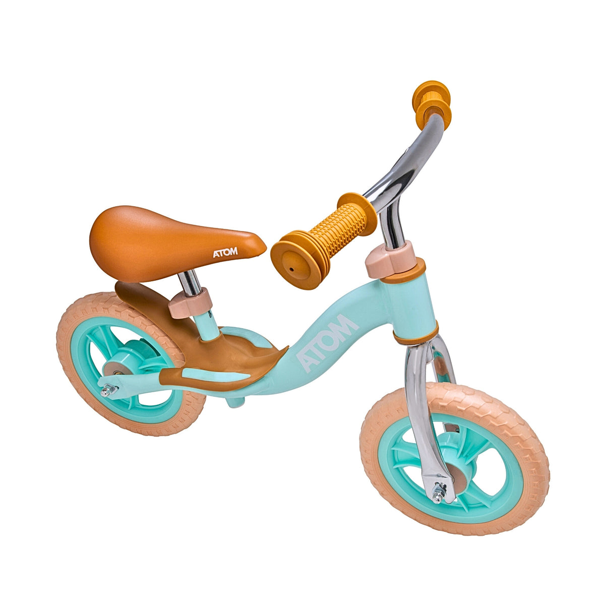 ATOM 10 inch Glider Balance Bike in Mint Green for Toddlers and Kids – Lightweight First Training Bike with Adjustable Seat and No Pedals.