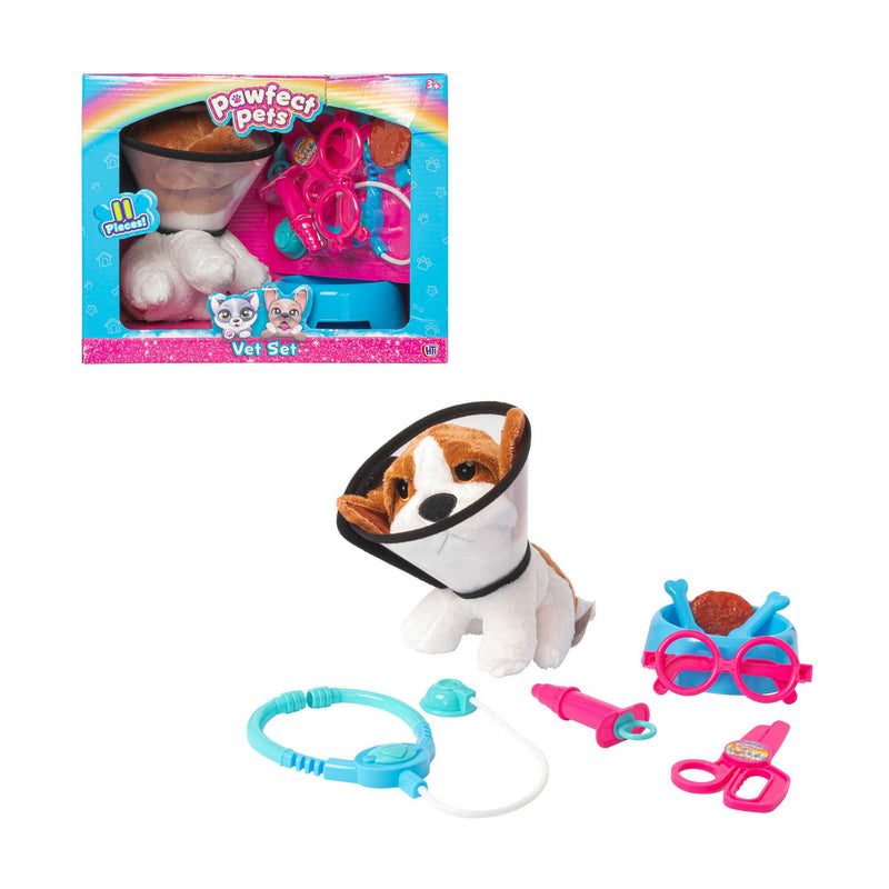 Pawfect Pets Vet Set featuring a plush toy dog, child-sized stethoscope, syringe, pet cone, and portable carrying case—ideal veterinary role-play kit for kids aged 3 and up.