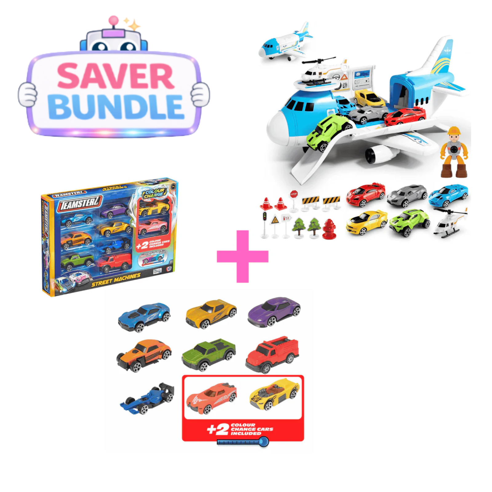 Teamsterz Aeroplane Transporter - Includes 16 Accessories + Teamsterz Racing Cars - With 2 Colour Changing Cars - Bundle