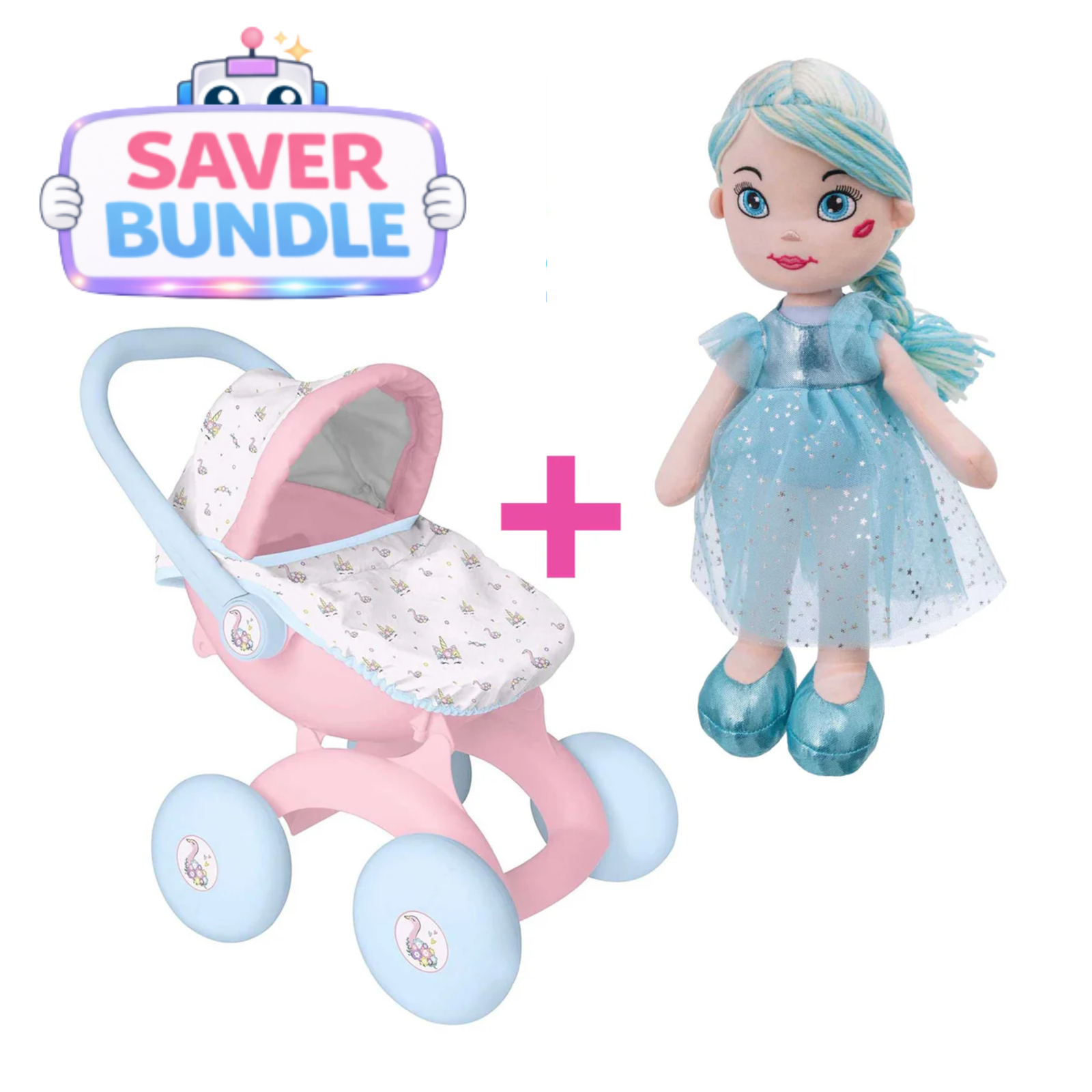 BabyBoo My First 4-IN-1 Dolls Pram + Rosie Rag Doll - Blue Bundle