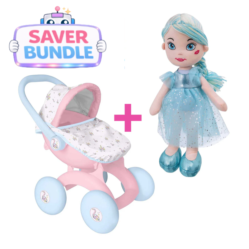 BabyBoo My First 4-IN-1 Dolls Pram + Rosie Rag Doll - Blue Bundle