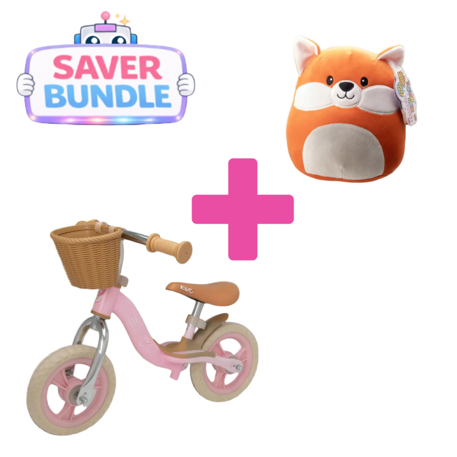 EVO 10" Glider Balance Bike With Basket - Pink + Squish Meez Cloudeez 9' Plush Toy | Foxy