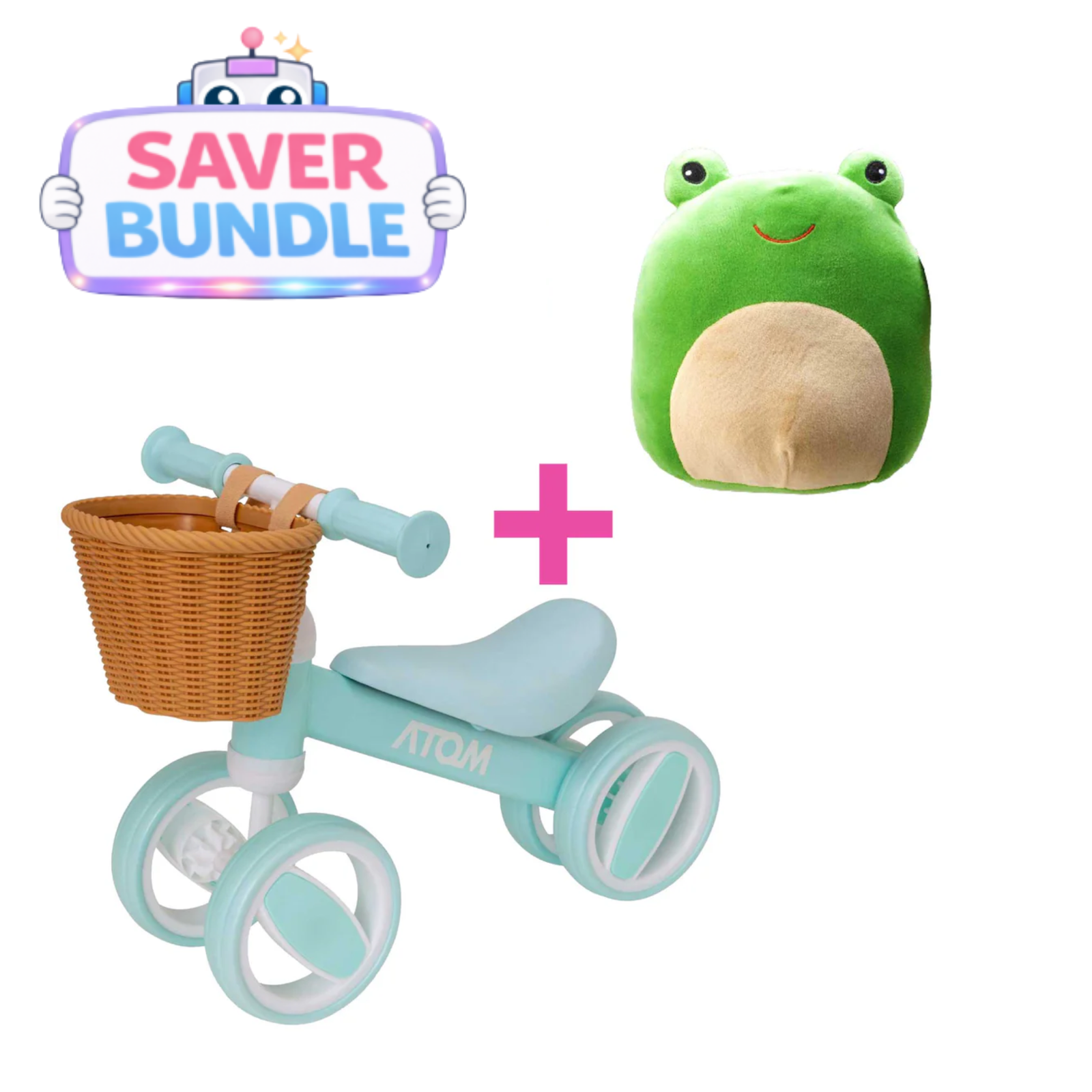 Atom Bobble Bike With Basket - Mint Green + Squish Meez Cloudeez 9' Plush Toy | Hopper Bundle