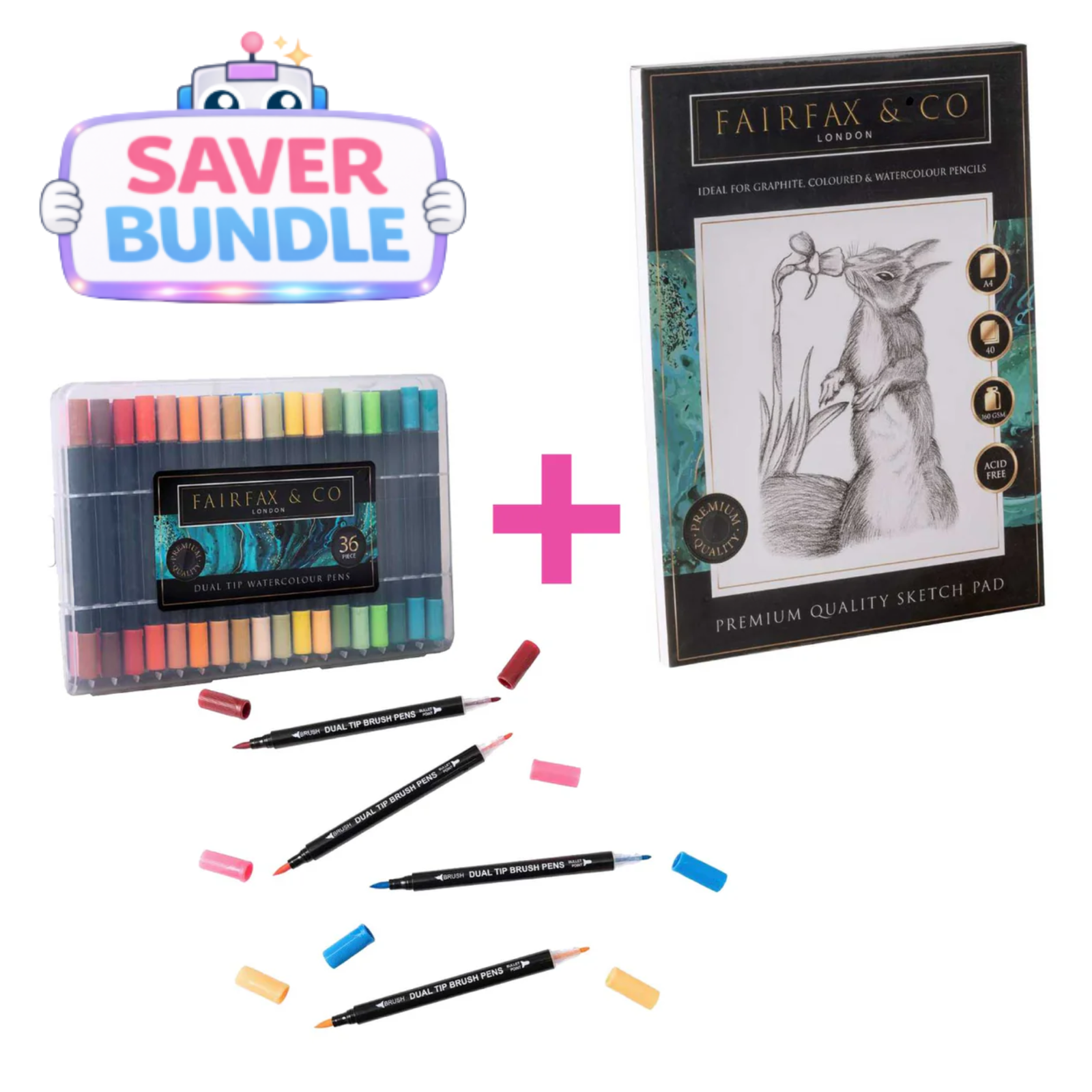 Watercolour Dual Tip Brush Pens Set of 36 + A4 40 Sheet Premium Sketch Pad Bundle