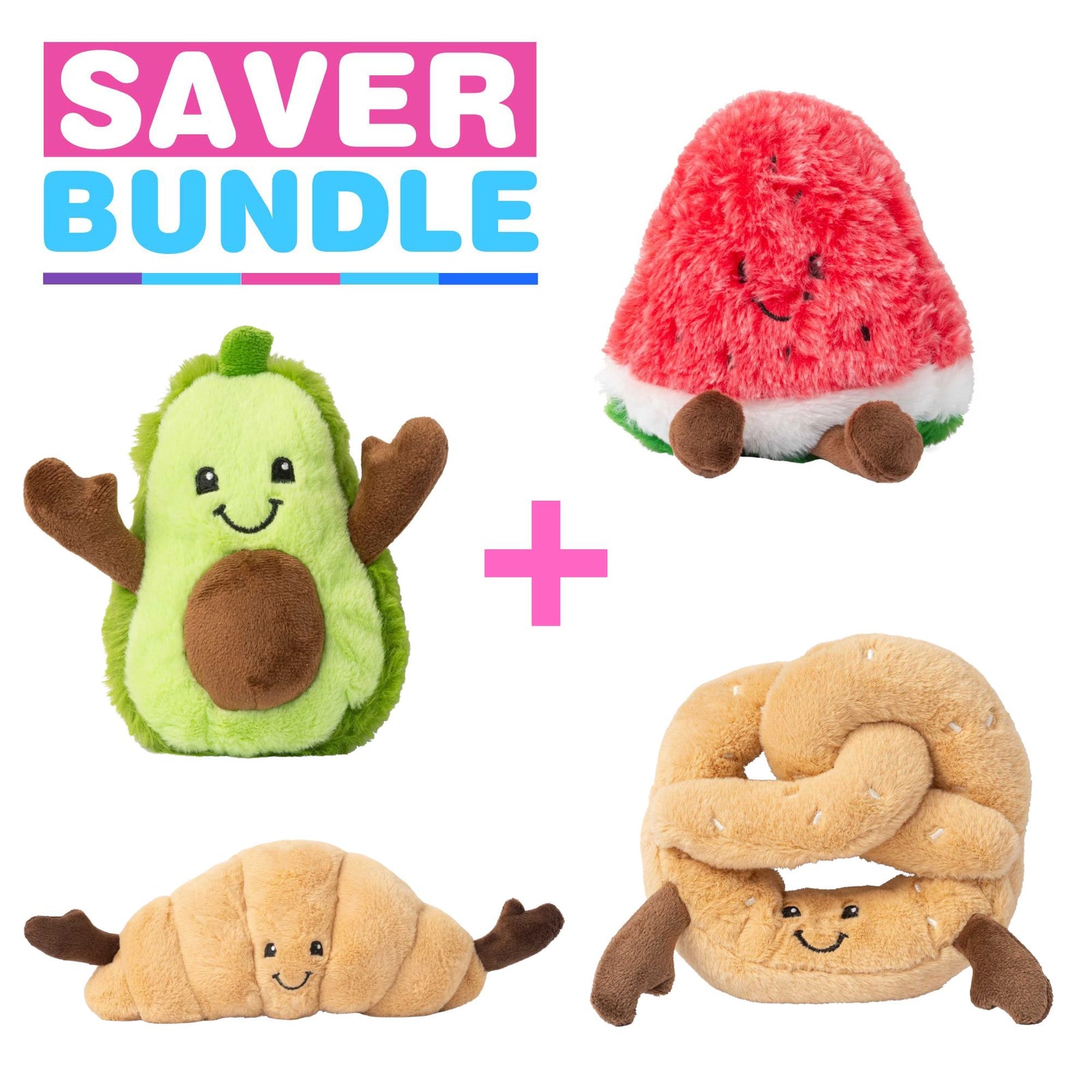 Archie Avocado + Winnie Watermelon + Claude Croissant + Pierre Pretzel Plush Toy Bundle