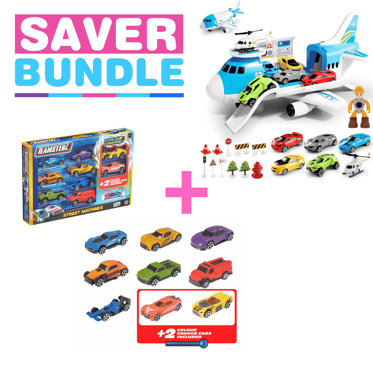 Teamsterz Aeroplane Transporter - Includes 16 Accessories + Teamsterz Racing Cars  - With 2 Colour Changing Cars - Bundle Helicopters &amp; Planes
