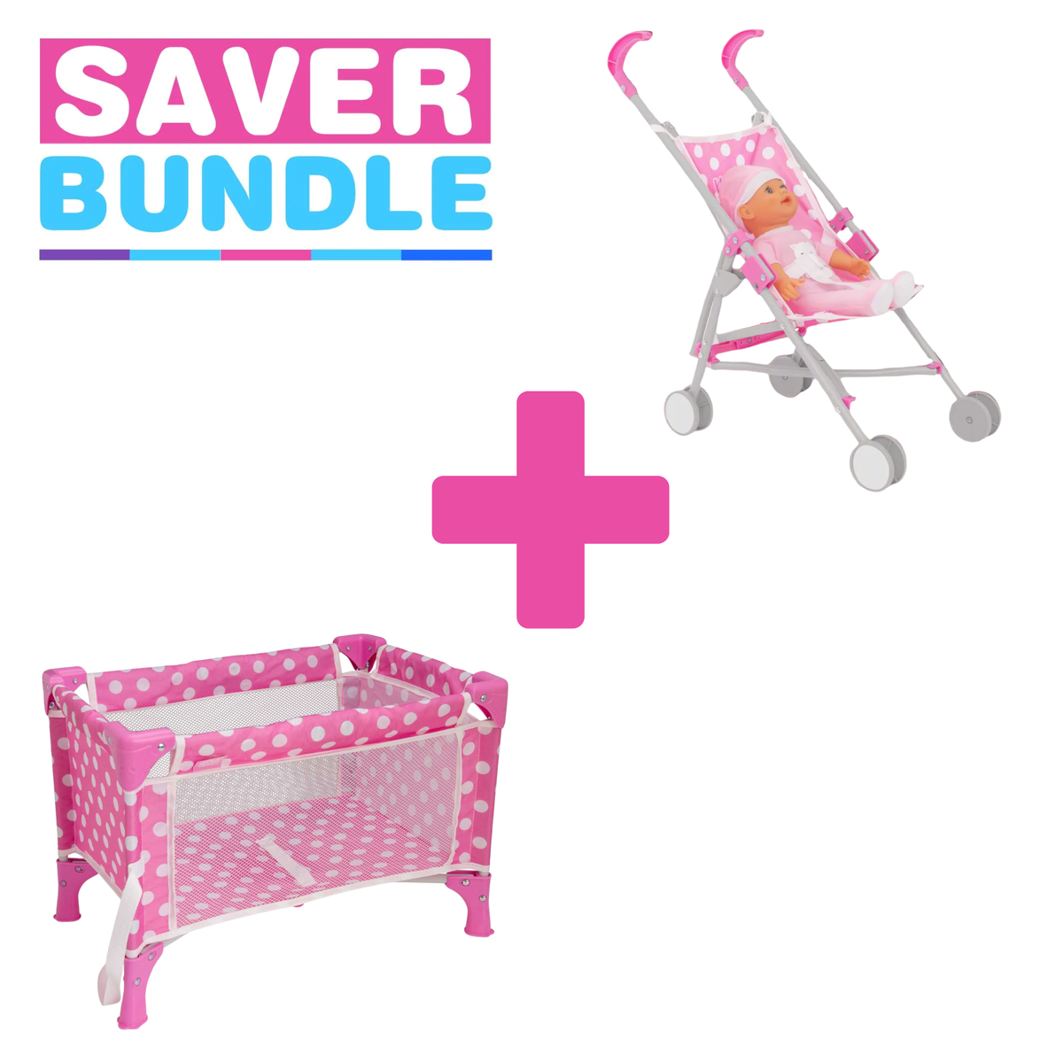 Dolly Tots Pink Travel Cot, Stroller &amp; Doll Bundle