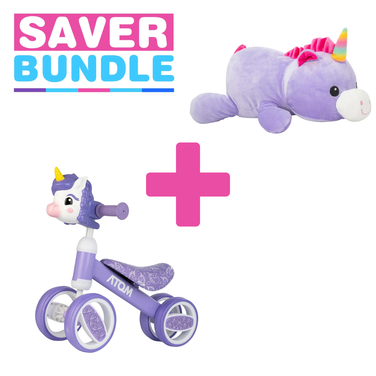 ATOM Unicorn Bobble Bike + Unicorn Cuddle Cushion Bundle