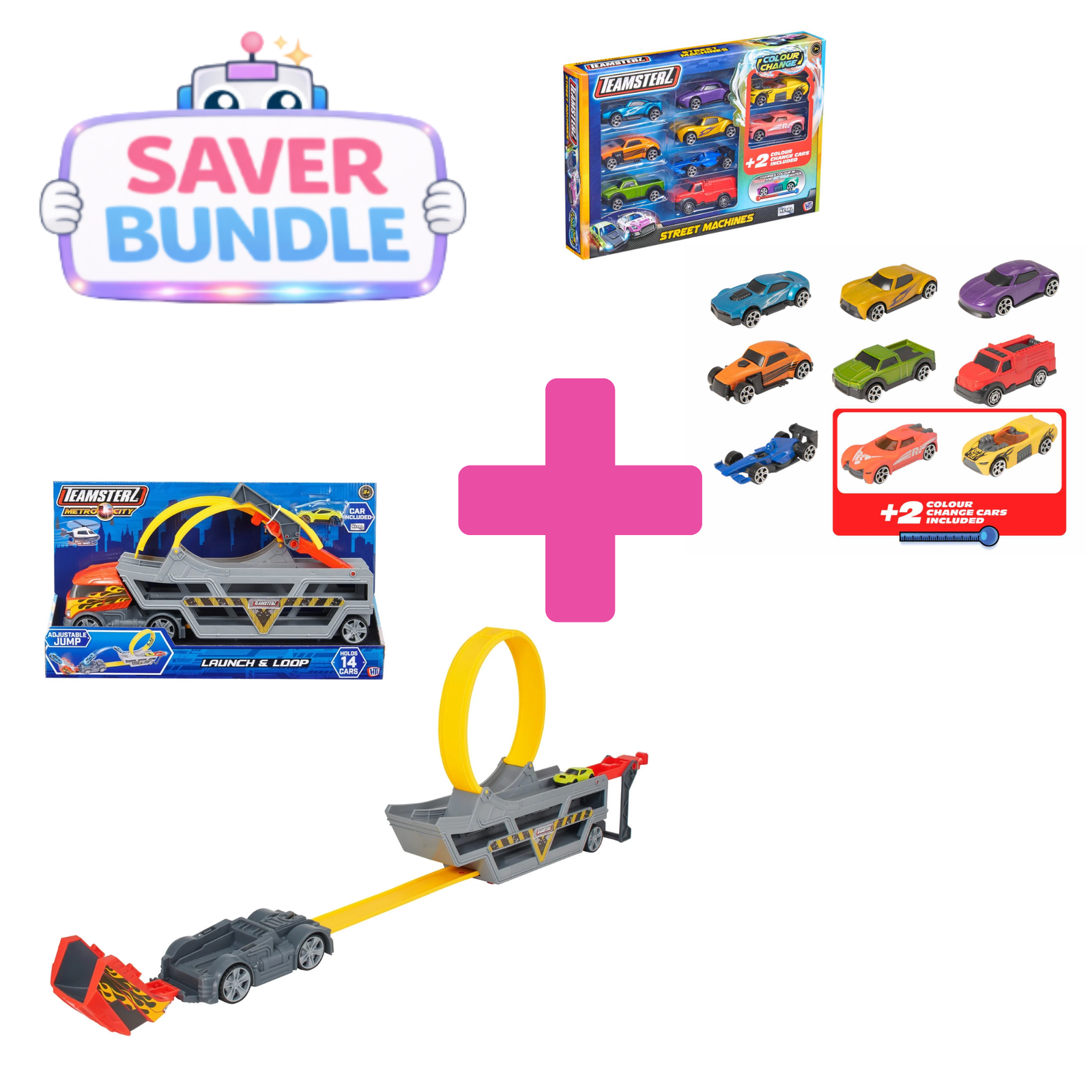 Teamsterz Launch & Loop Transporter + 9 Racing Cars Bundle