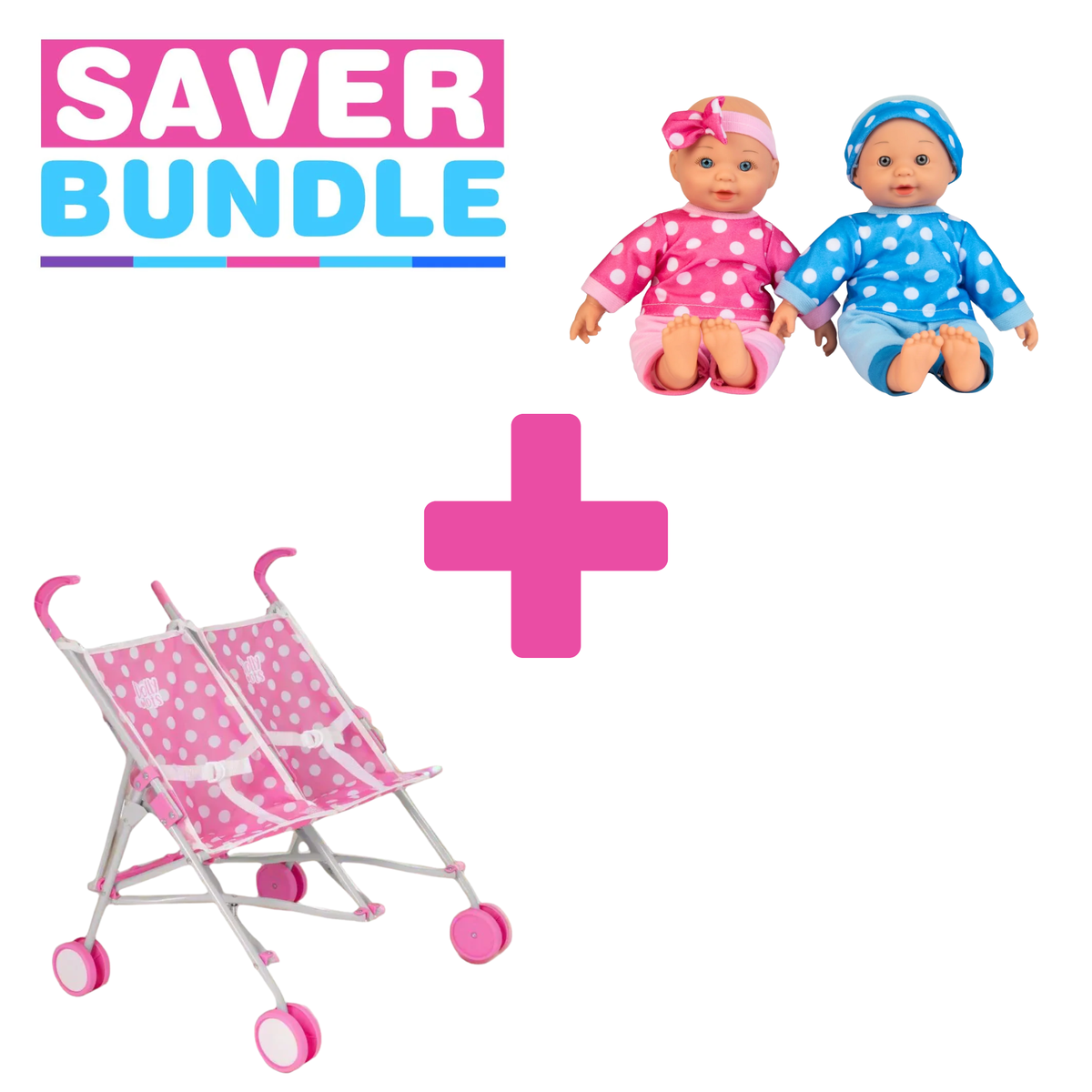 Dolly Tots Twin Dolls Stroller (Pink) + Twin Dolls Playset Bundle