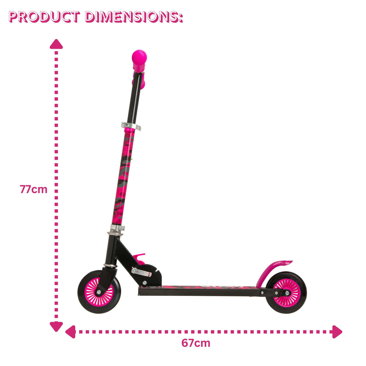 ATOM Inline 2-wheeled children&#39;s scooter in a stylish pink camouflage theme, featuring a durable design, eye-catching camouflage patterns, and a trendy look ideal for young riders