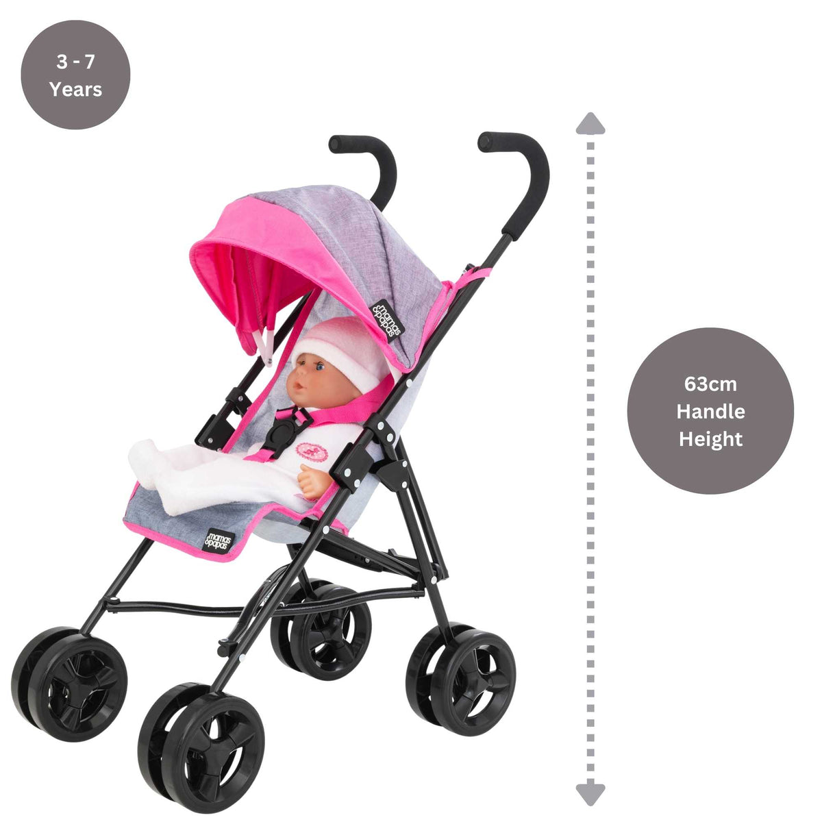 Mamas &amp; Papas Junior Cruise Stroller, designed for children&#39;s imaginative play, featuring a sleek and modern design with sturdy frame and smooth-rolling wheels, perfect for pretend outings with dolls.