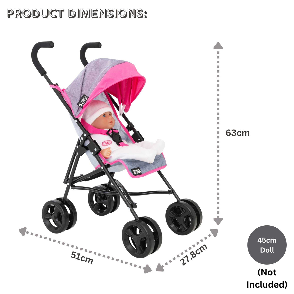 Mamas &amp; Papas Junior Cruise Stroller, designed for children&#39;s imaginative play, featuring a sleek and modern design with sturdy frame and smooth-rolling wheels, perfect for pretend outings with dolls.