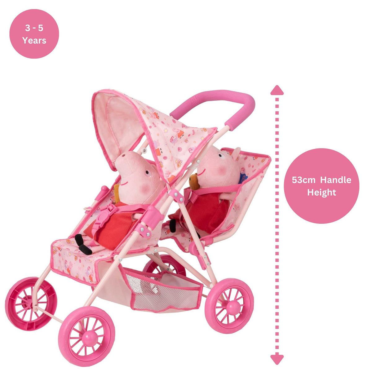 Peppa Pig Tandem Twin Doll Stroller: A pink double stroller with Peppa Pig graphics, designed for carrying two dolls side by side, ideal for toddlers and imaginative play.