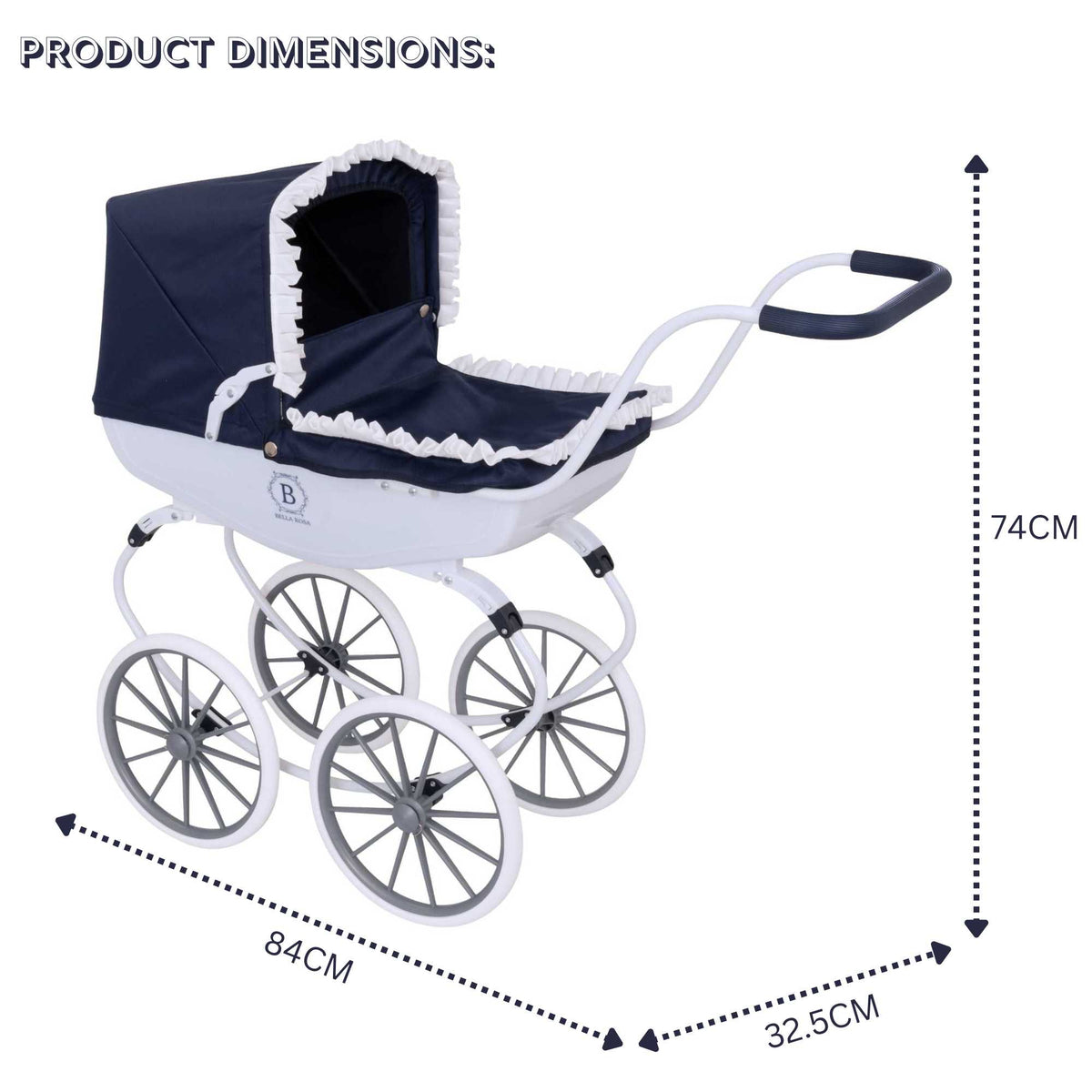 Bella Rosa Windsor Dolls Carriage Pram - Navy &amp; White