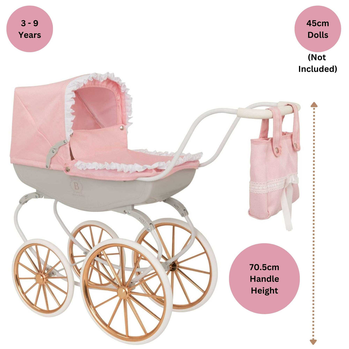 Bella Rosa Cambridge Carriage Dolls Pram - Pink &amp; Rose Gold - Luxurious pink and rose gold pram designed for dolls, offering a stylish and elegant accessory for imaginative play