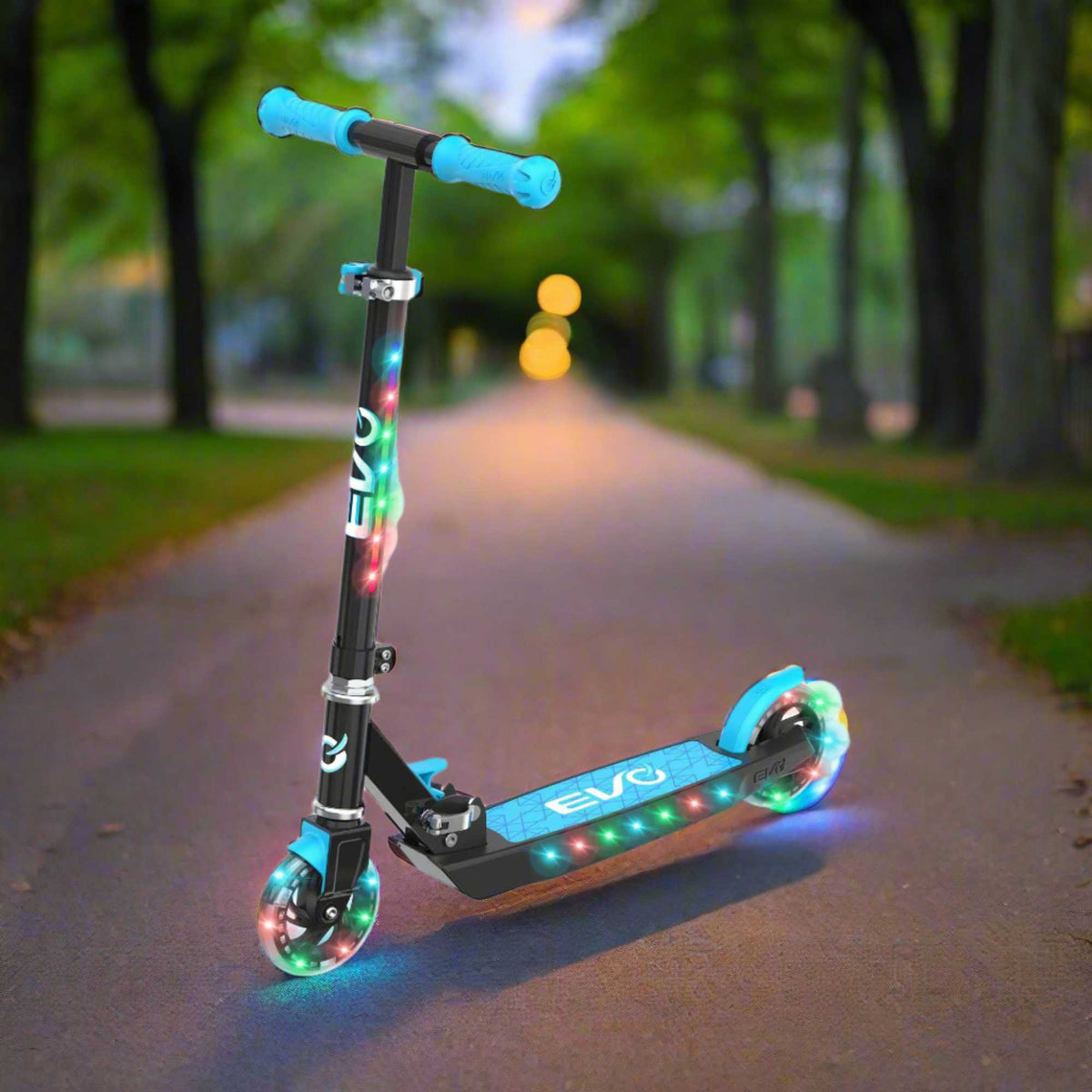 EVO Children&#39;s Light Up Light Blast Scooter for Kids Ages 5 and Up with LED Wheels and Adjustable Handlebar , perfect for enhancing motor skills and outdoor fun.