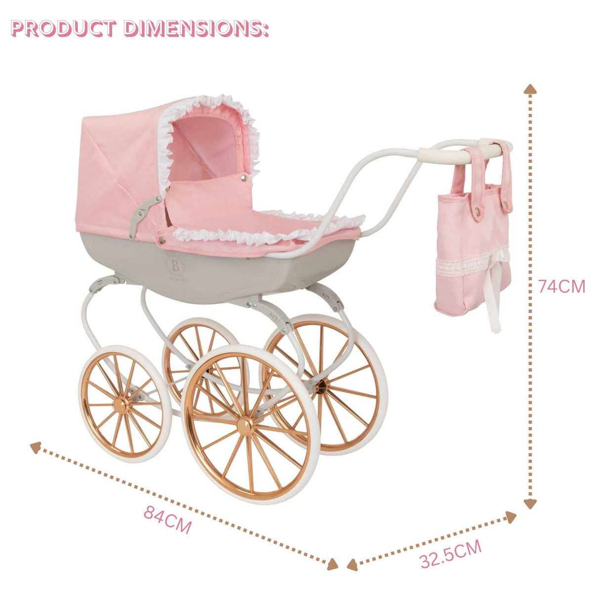 Bella Rosa Cambridge Carriage Dolls Pram - Pink &amp; Rose Gold - Luxurious pink and rose gold pram designed for dolls, offering a stylish and elegant accessory for imaginative play