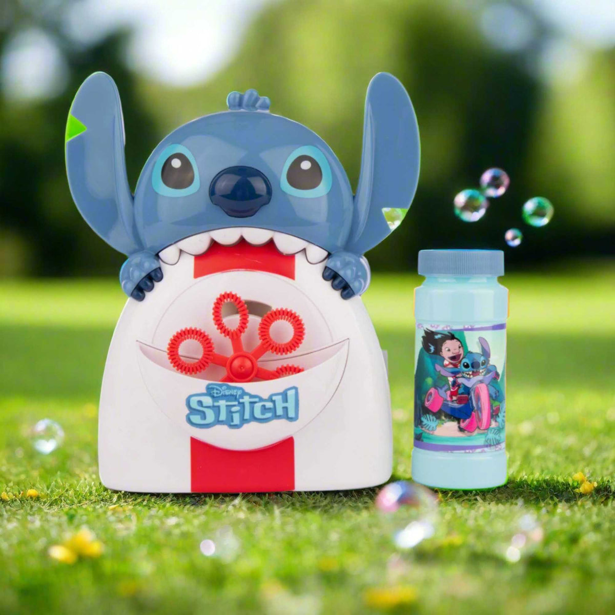 Stitch Bubble Machine featuring Disney&#39;s Stitch design, blowing hundreds of bubbles for kids&#39; outdoor fun, perfect for playdates, parties, and active play.