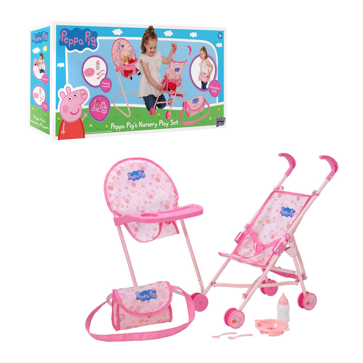 Peppa Pig Nursery Bundle - 7 Piece Playset: A colourful Peppa Pig-themed toy set including a high chair, stroller, Feeding set, perfect for toddlers&#39; imaginative play and doll care.