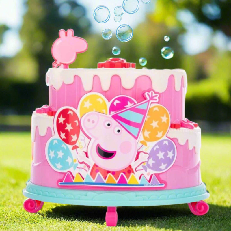 Peppa Pig Birthday Cake Bubble Machine featuring fun cake design, blowing bubbles for kids' parties, playdates, and outdoor activities, perfect for Peppa Pig fans.