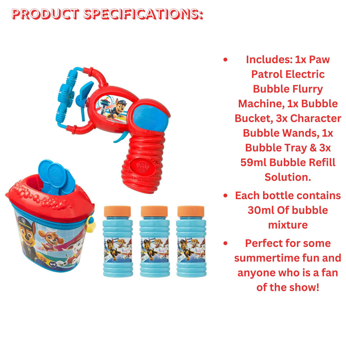 Paw Patrol Bubble Bundle featuring a bubble gun, bubble wands, and bubble solution - perfect for kids&#39; outdoor fun and playtime adventures!