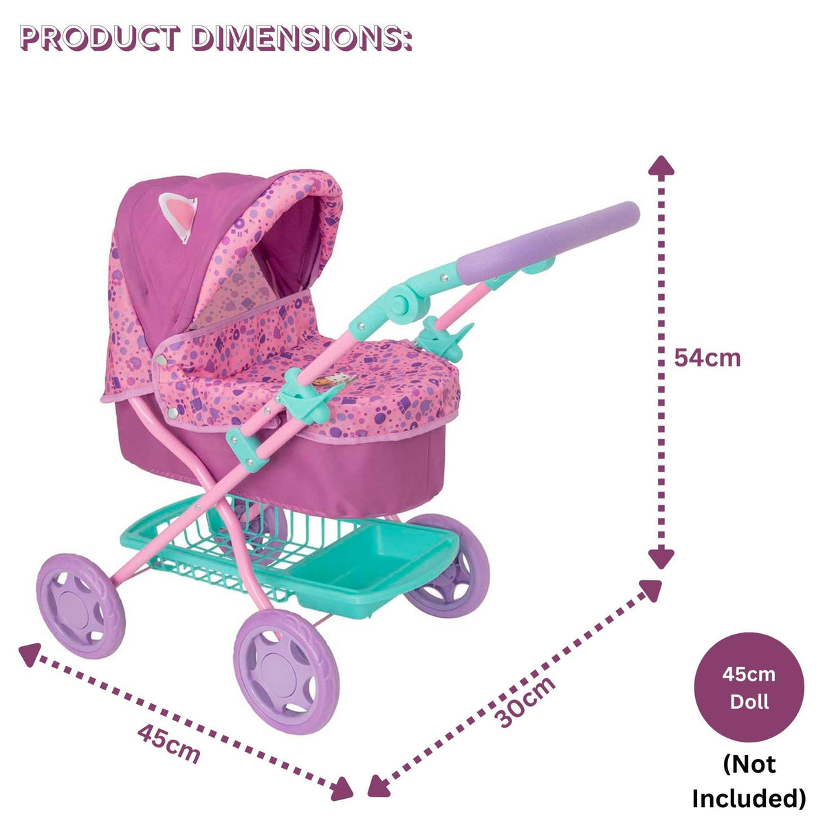 Adorable and colourful toy pram inspired by Gabby&#39;s Dollhouse, perfect for children to transport their favourite dolls and stuffed animals. Features include a sturdy frame, easy-to-push wheels, and playful designs with popular characters from the show. 