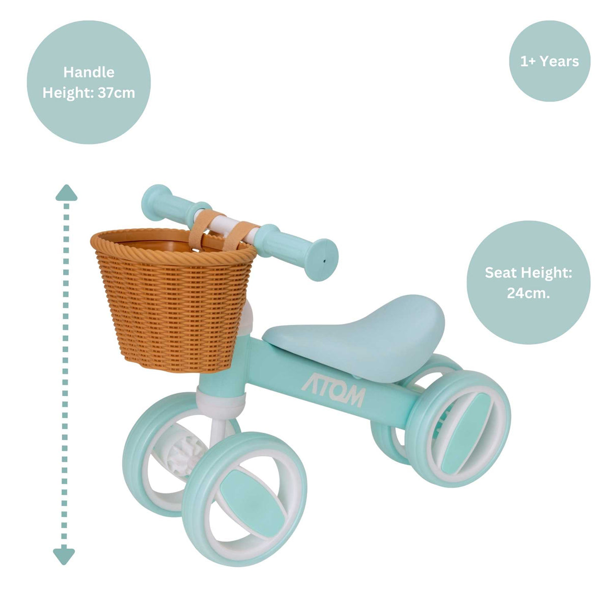 Atom Bobble Bike with Basket in Mint Green, charming children&#39;s bicycle with front basket. Perfect Balance Bike for training.