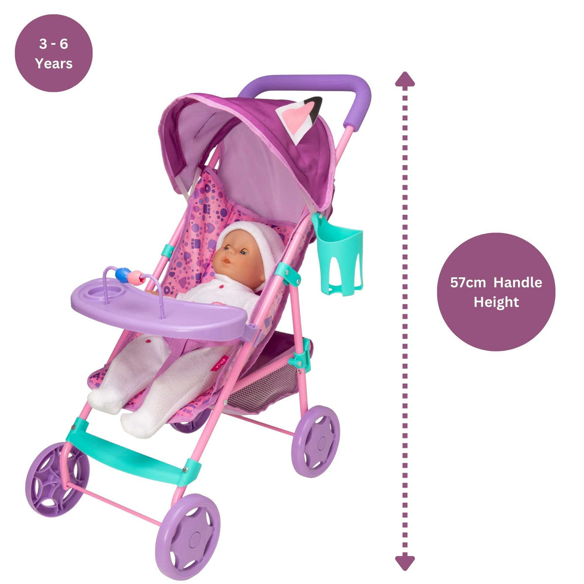 Bright and fun toy pushchair inspired by Gabby&#39;s Dollhouse, ideal for kids to push their favourite dolls and toys. Features a durable frame, smooth-rolling wheels, and colourful designs with beloved characters from the series.