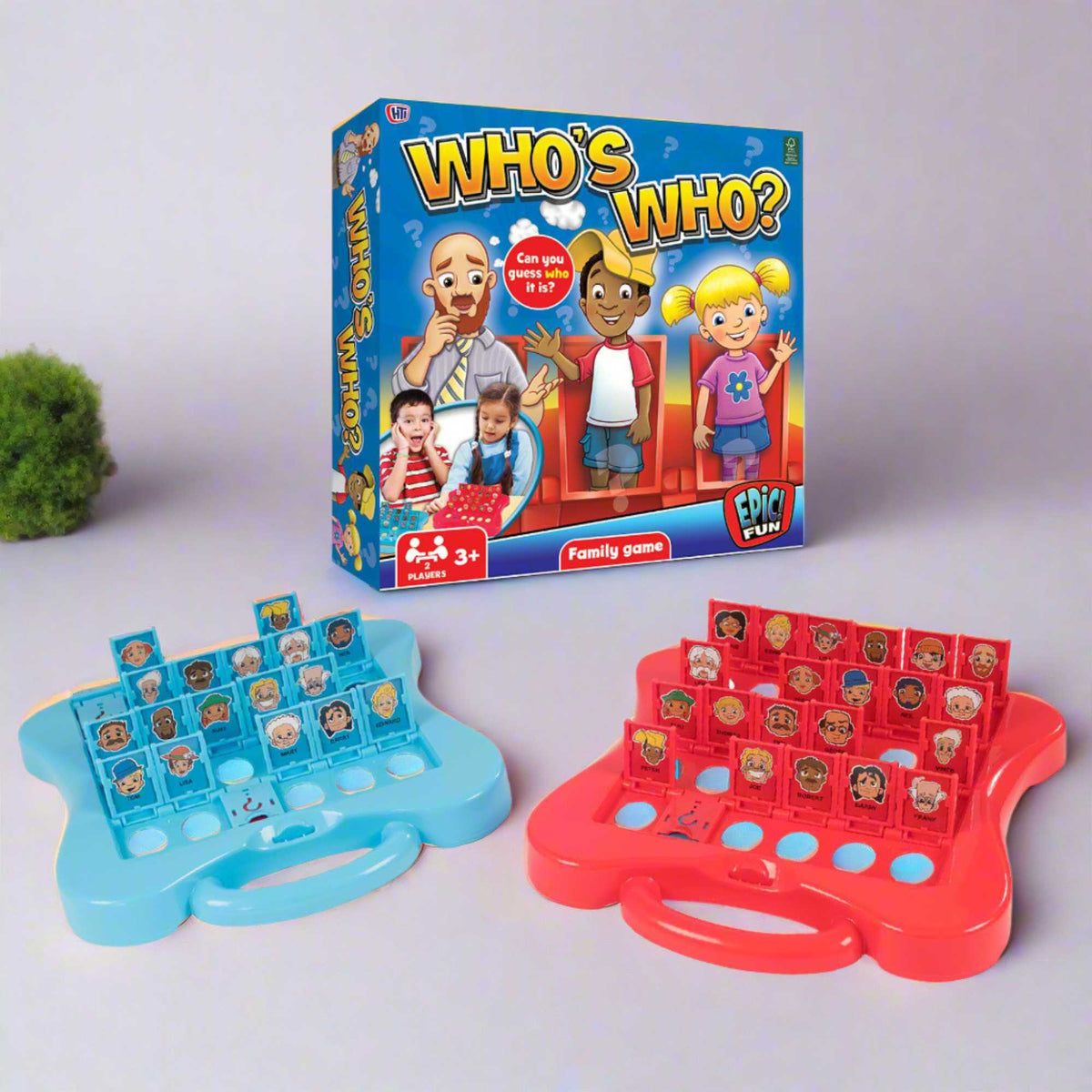 Epic Fun Who&#39;s Who Game with colourful character cards and game boards, ideal for family game nights and engaging guessing fun for all ages.