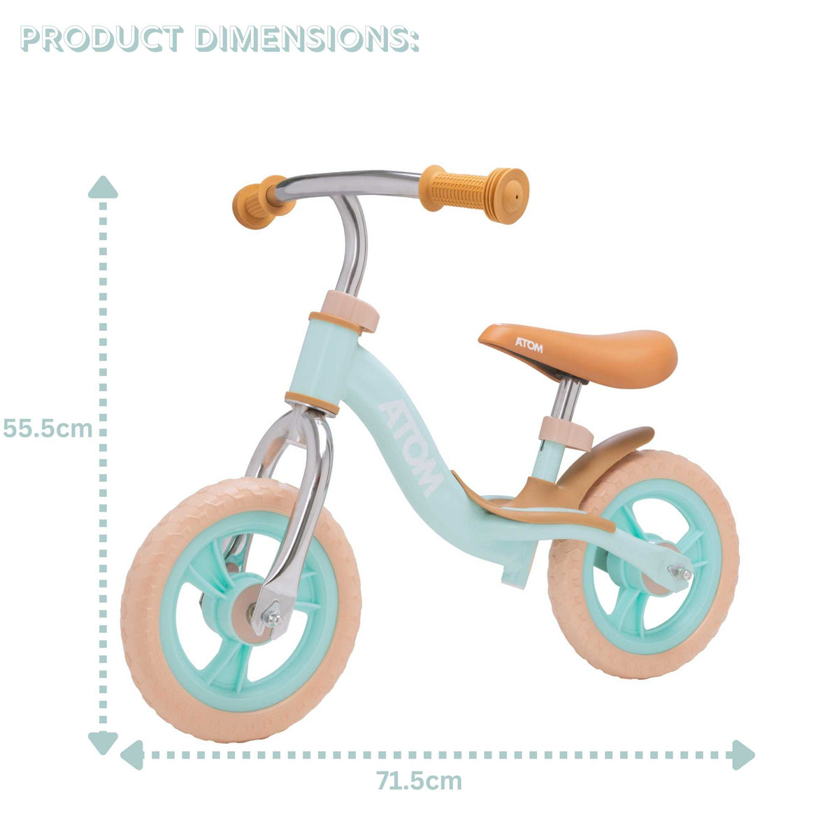 ATOM 10-inch Glider Bike in Mint Green, lightweight kids&#39; balance bicycle with adjustable seat and handlebars.