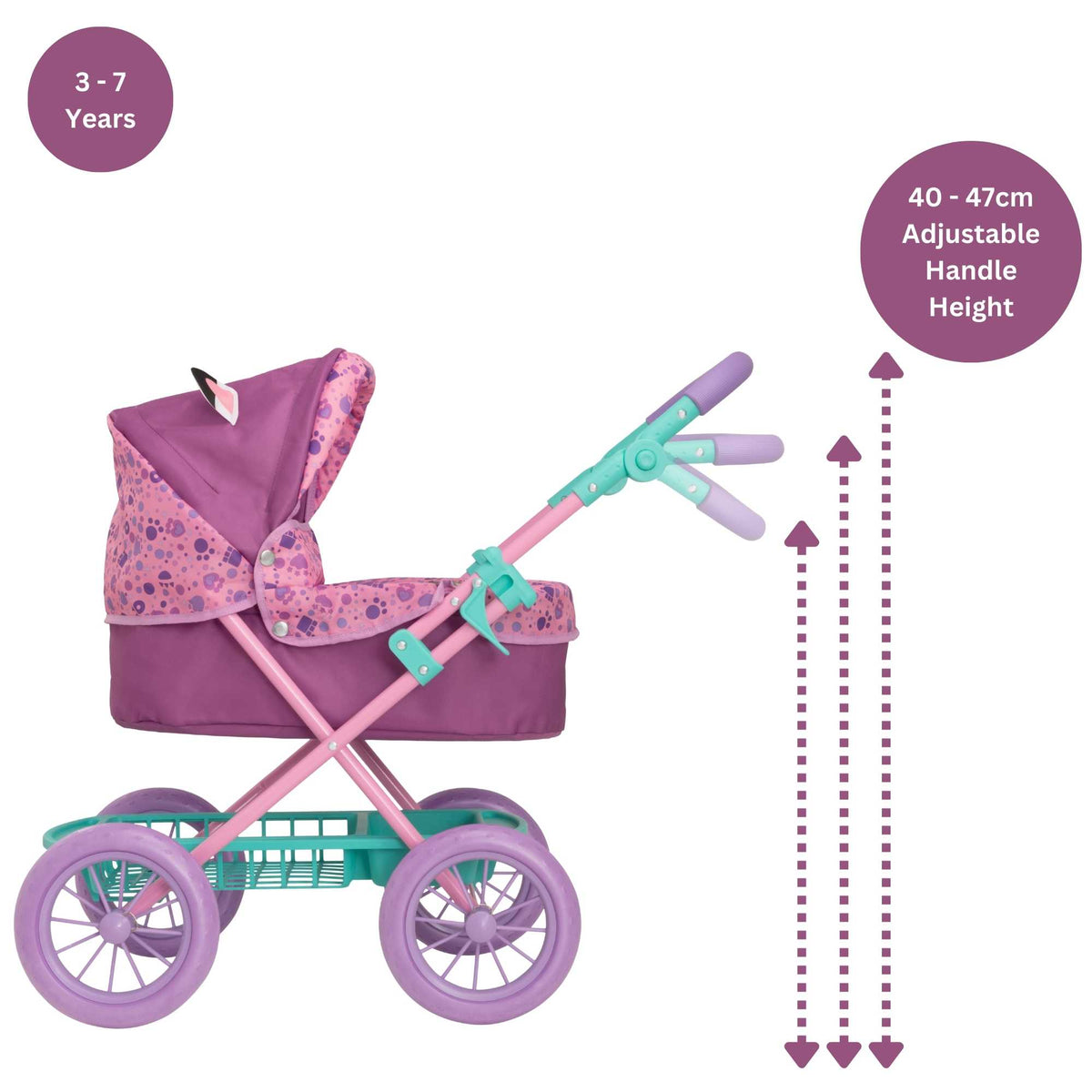 Adorable and colourful toy pram inspired by Gabby&#39;s Dollhouse, perfect for children to transport their favourite dolls and stuffed animals. Features include a sturdy frame, easy-to-push wheels, and playful designs with popular characters from the show. 