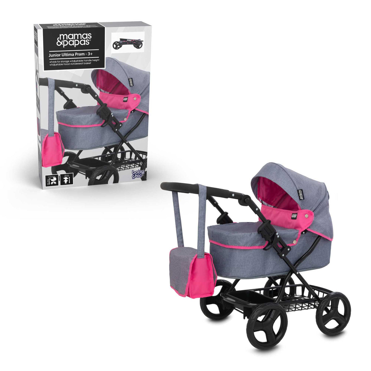 Mamas &amp; Papas Junior Ultima Dolls Pram, designed for children&#39;s play, featuring a classic and sturdy frame, adjustable handle height, and smooth-rolling wheels, ideal for nurturing imaginative play with dolls.