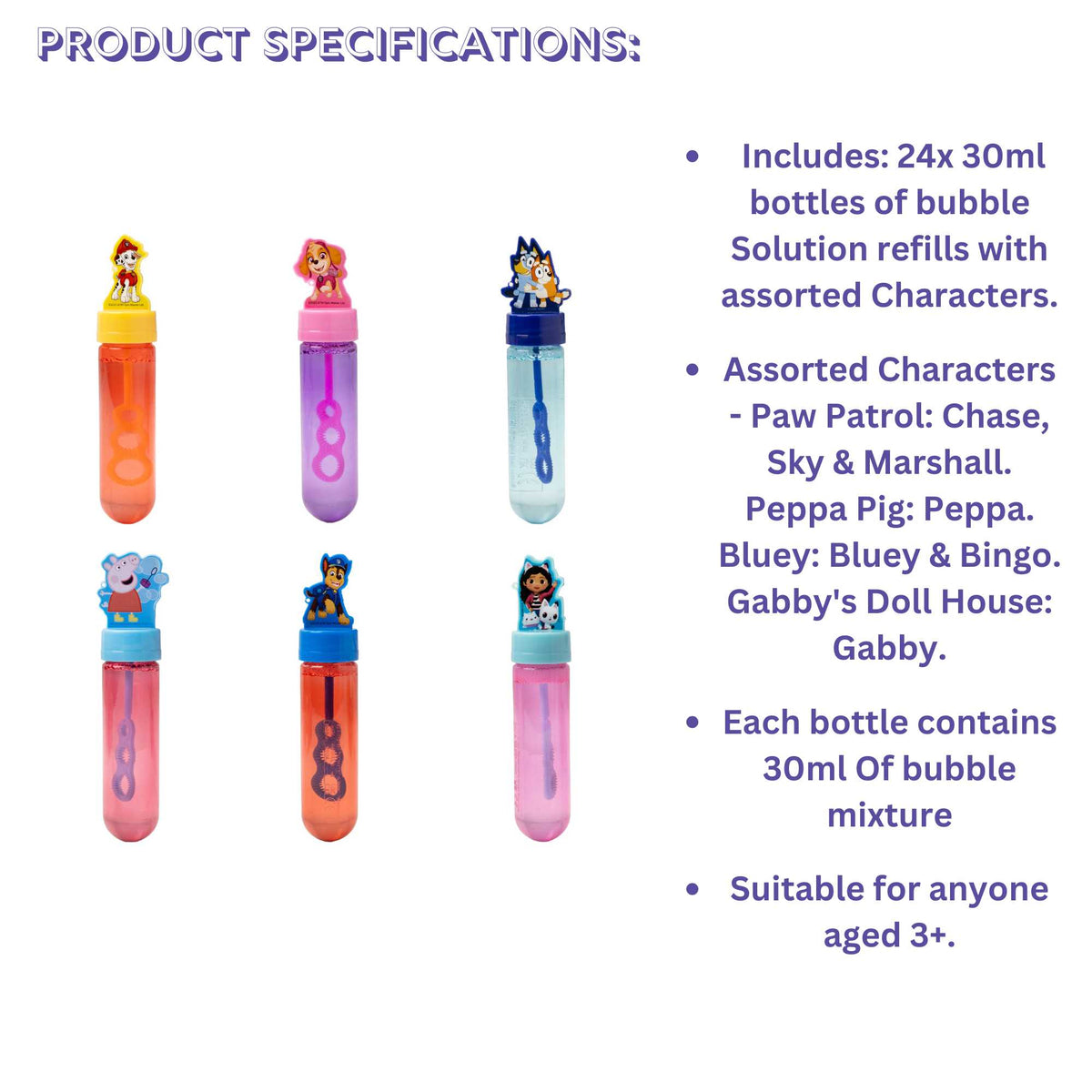 24-pack of bubble wands featuring Peppa Pig, Bluey, Chase, Skye, Marshall from Paw Patrol, and Gabby&#39;s Dollhouse characters, colorful bubble toys for kids&#39; parties, outdoor play, and party favors.