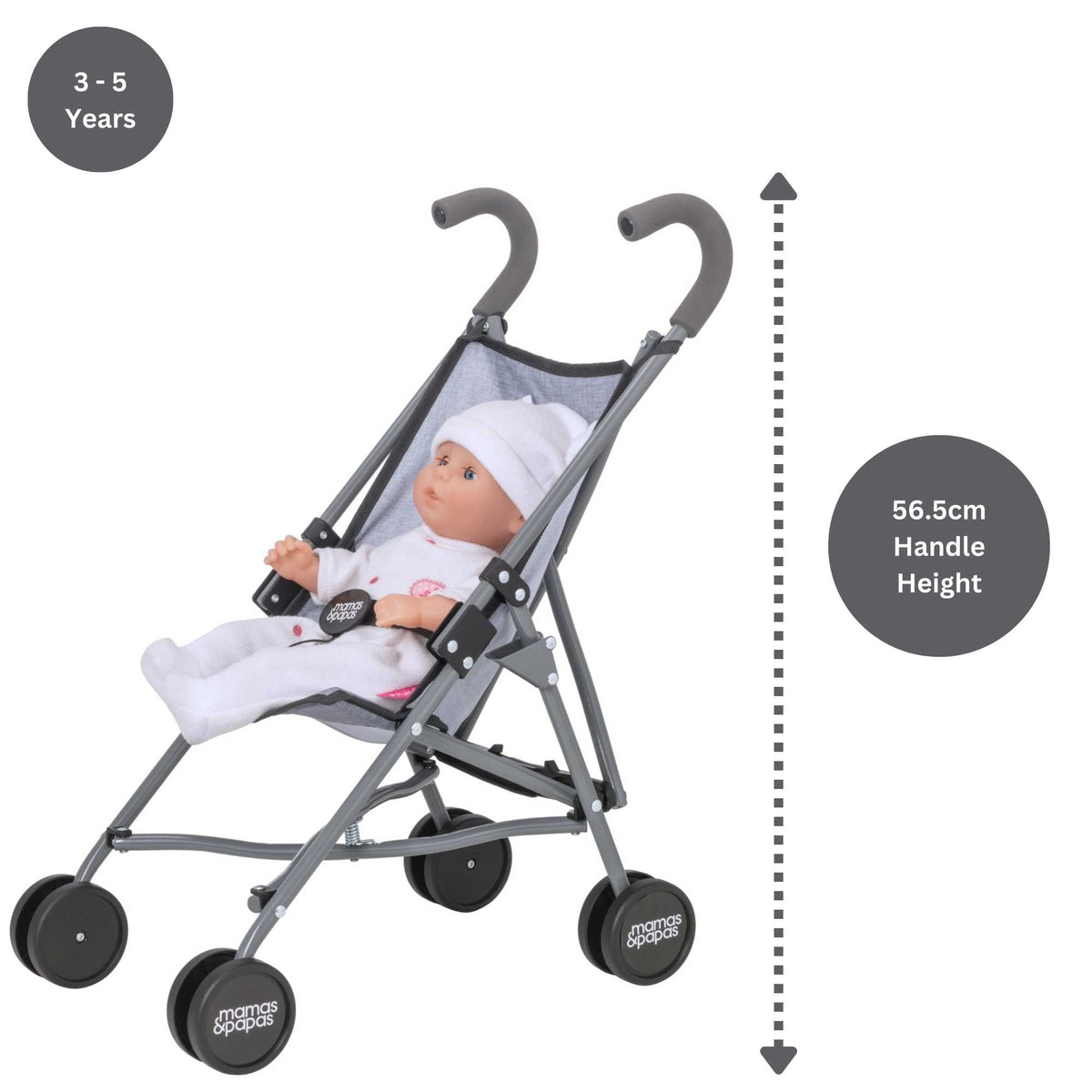 Mamas &amp; Papas Junior Doll Stroller in grey, featuring a foldable and lightweight design for easy storage and portability, ideal for children&#39;s imaginative play with dolls.