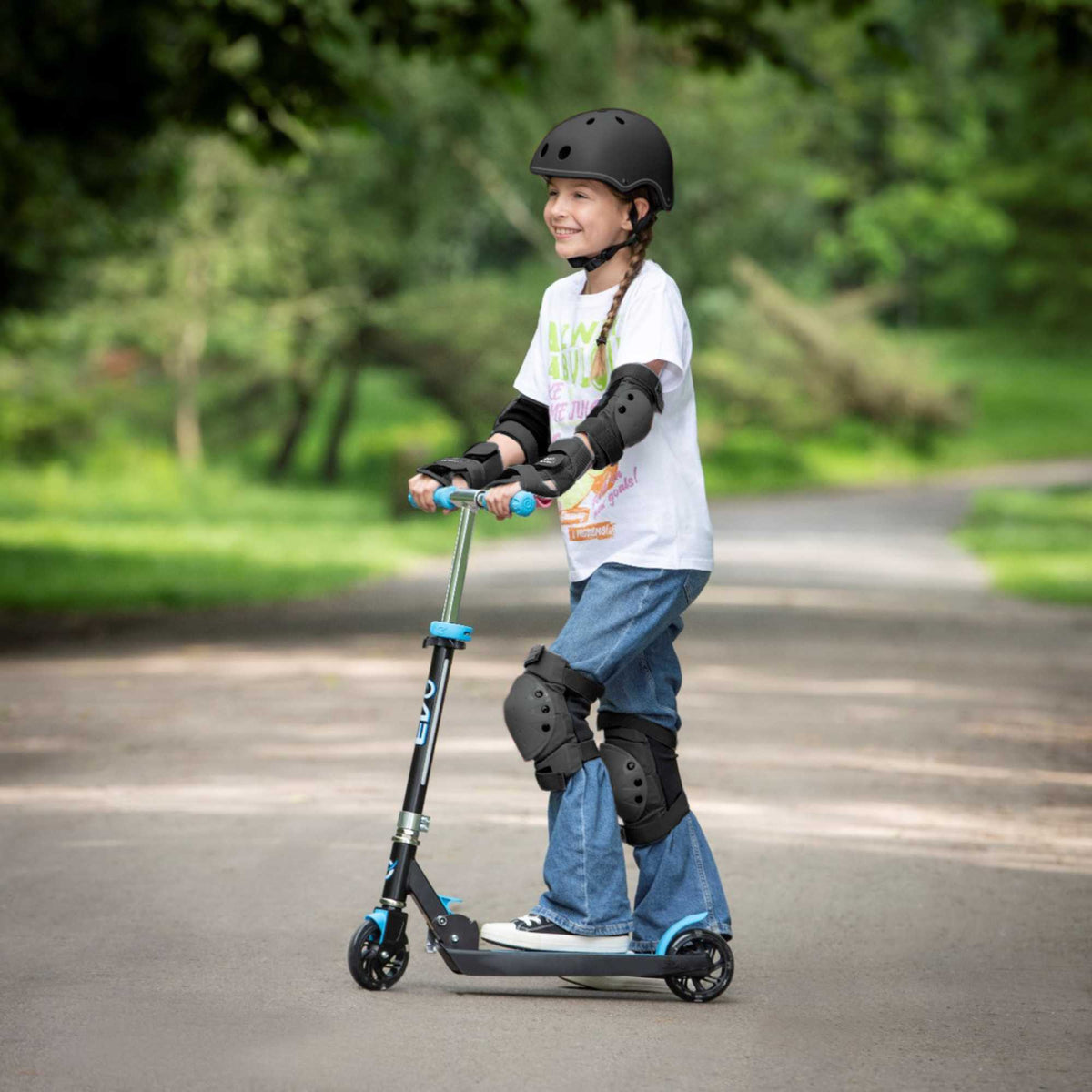 EVO Children&#39;s Light Up Light Blast Scooter for Kids Ages 5 and Up with LED Wheels and Adjustable Handlebar , perfect for enhancing motor skills and outdoor fun.