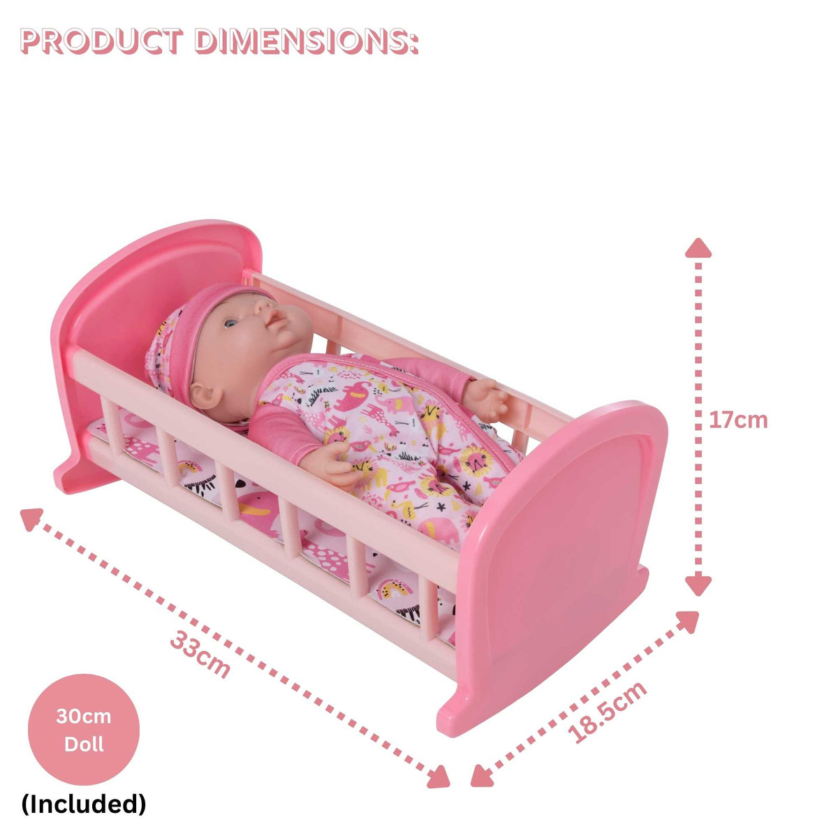 Complete with included doll, this charming cot offers a cozy resting place for dolls, fostering imaginative play and nurturing skills in children