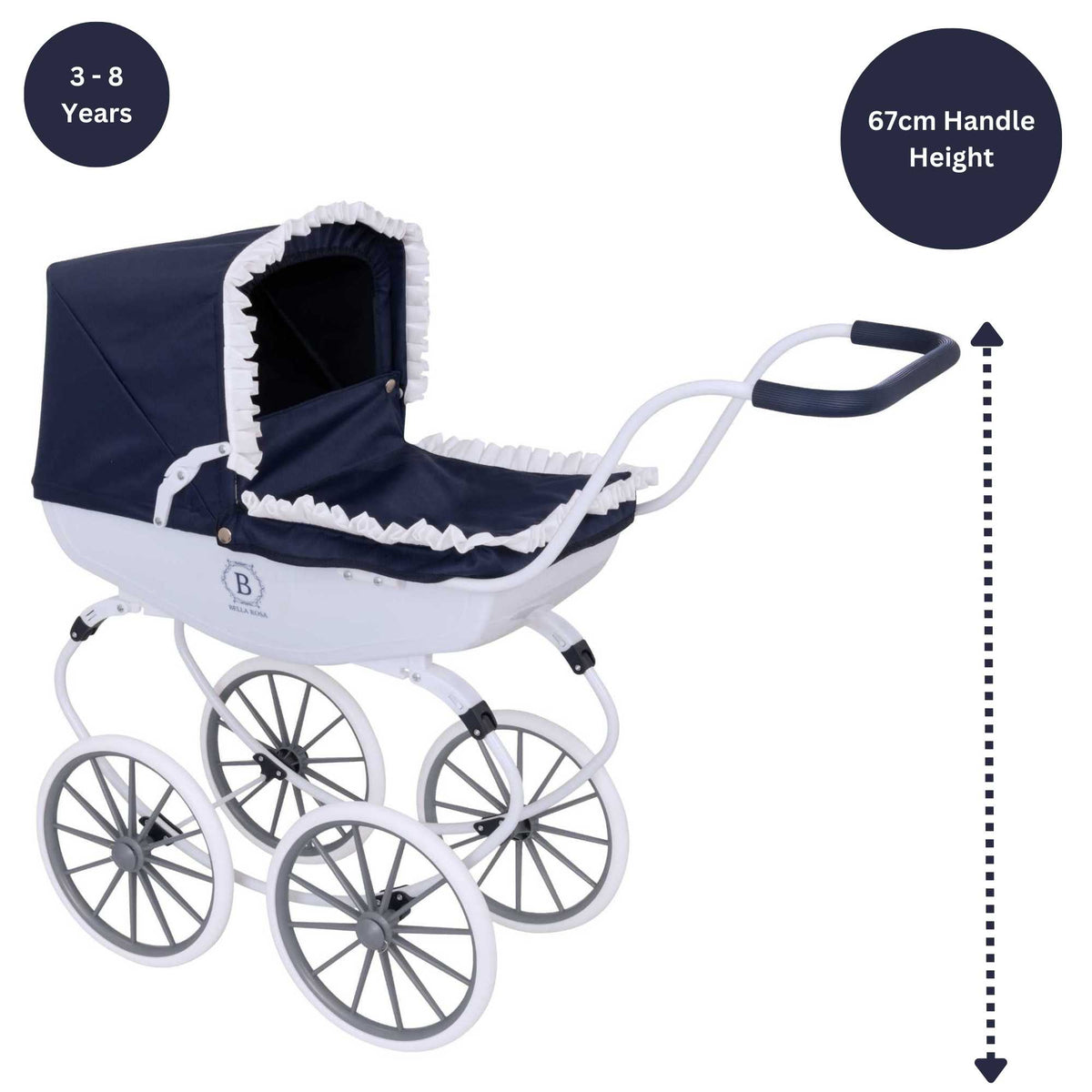 Bella Rosa Windsor Dolls Carriage Pram - Navy &amp; White - Elegant navy and white pram designed for dolls, combining classic style with functionality to enhance imaginative play for children.