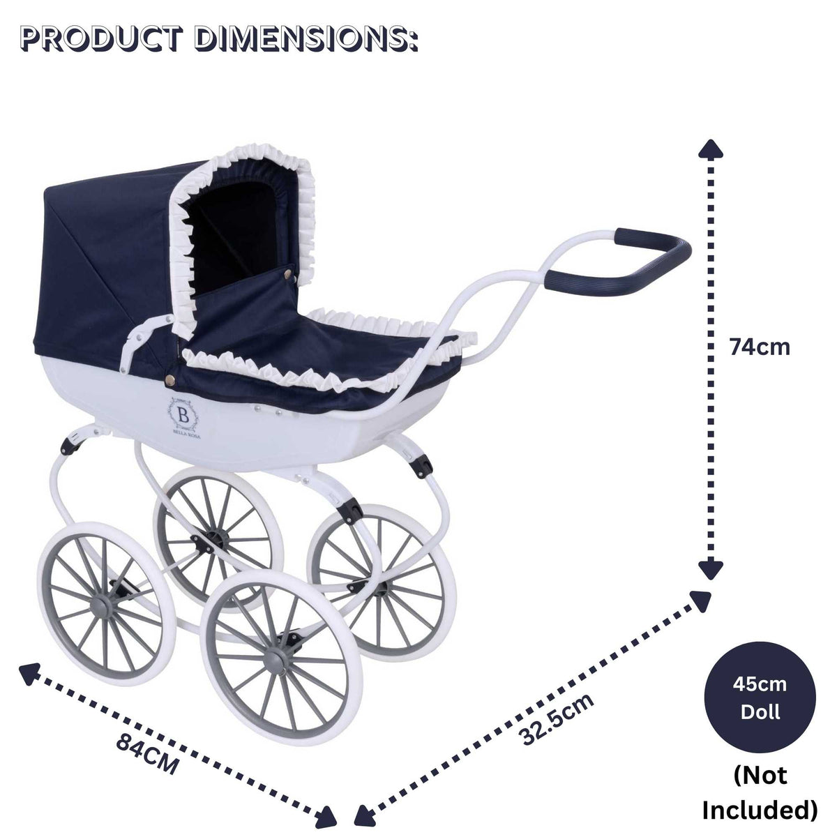 Bella Rosa Windsor Dolls Carriage Pram - Navy &amp; White - Elegant navy and white pram designed for dolls, combining classic style with functionality to enhance imaginative play for children.