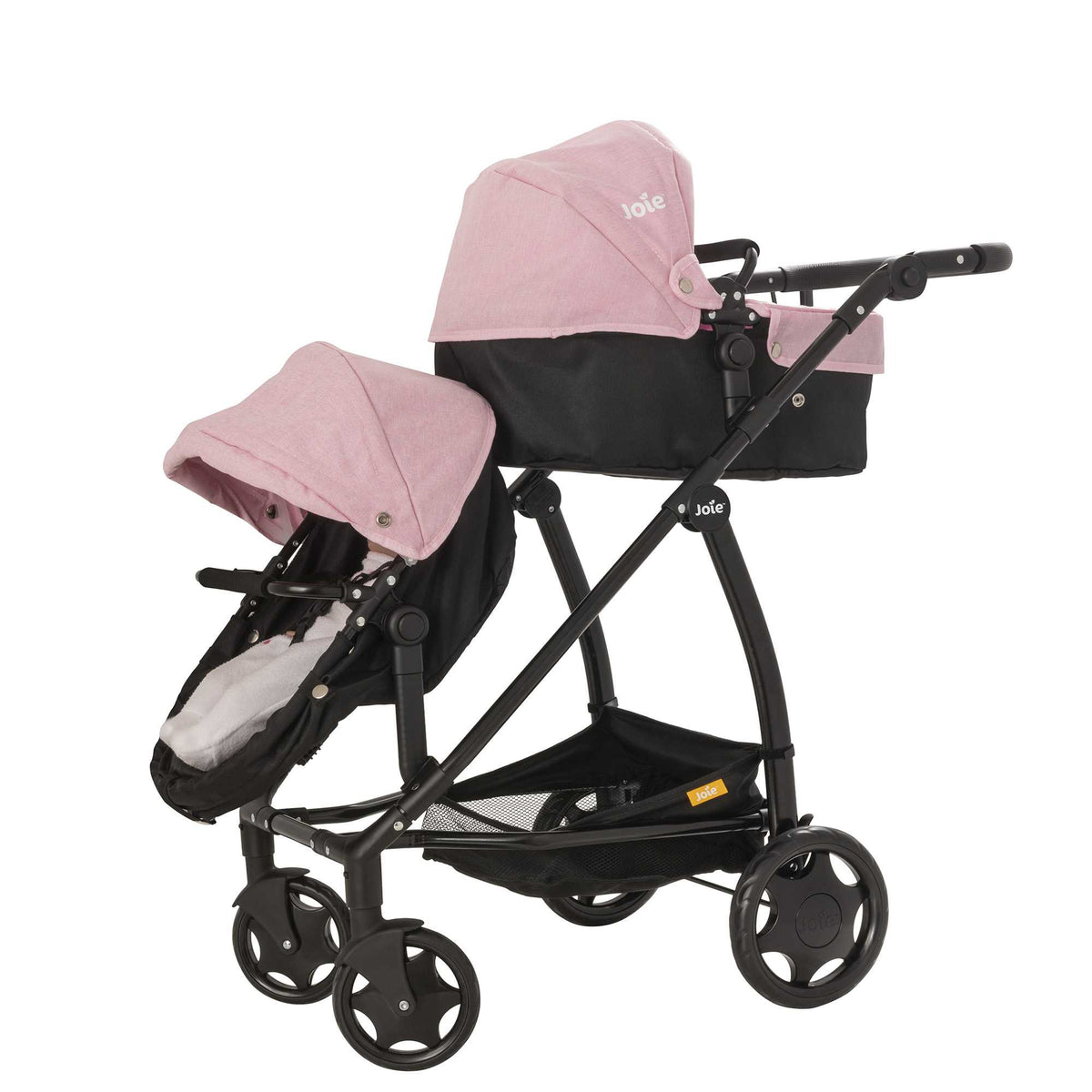Joie Evalite Twin Dolls Pram with 9 play modes, featuring a stylish design in pink and black, adjustable handle height, swivel wheels, and a large storage basket, perfect for versatile and imaginative play with dolls.