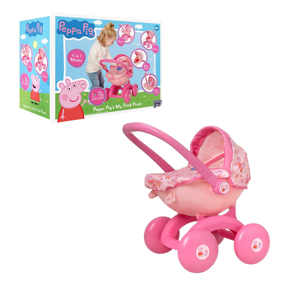 Peppa Pig 4-IN-1 My First Pram: A pink and white toy pram featuring Peppa Pig graphics, designed for toddlers with four versatile play modes, perfect for imaginative play and doll carrying.