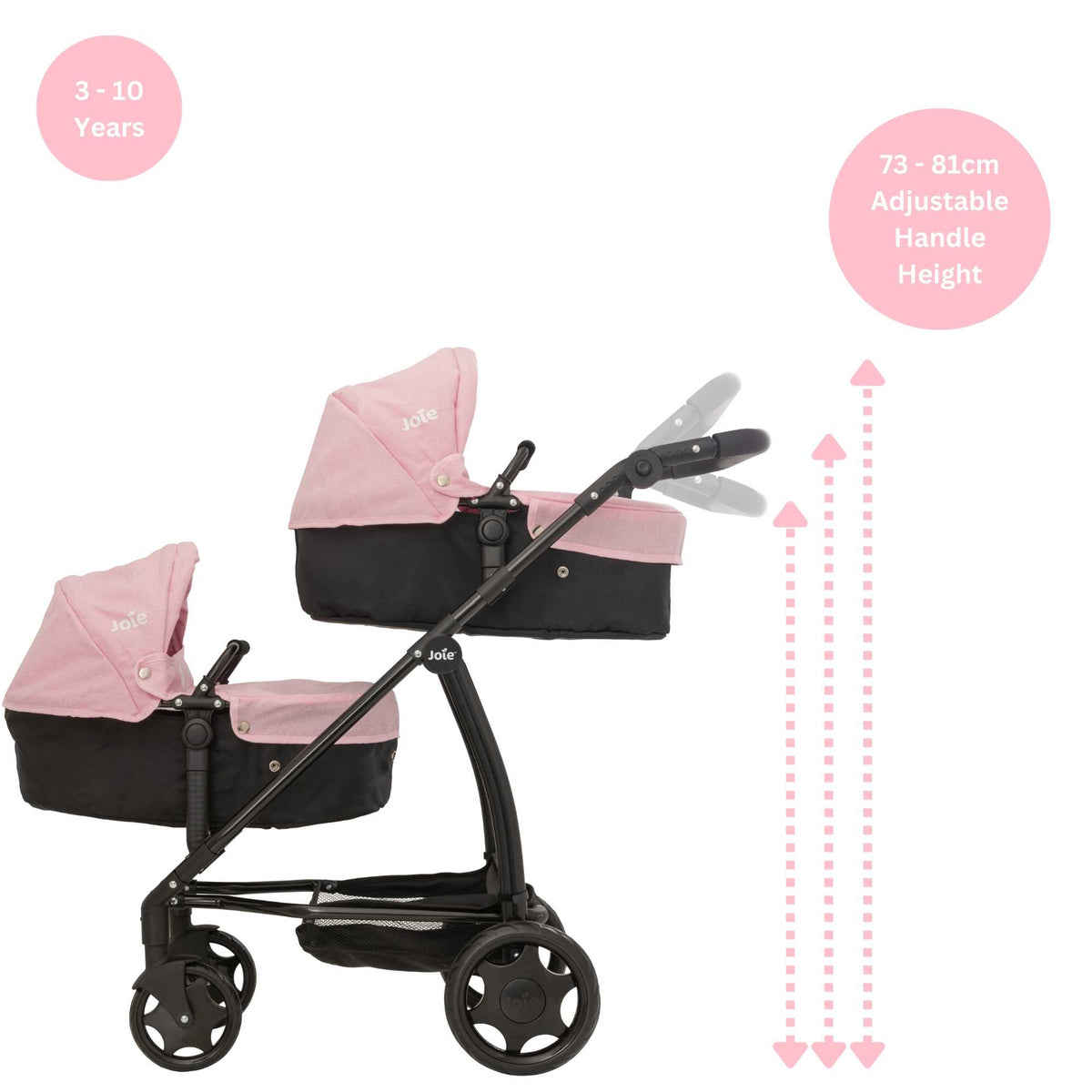 Joie Evalite Twin Dolls Pram with 9 play modes, featuring a stylish design in pink and black, adjustable handle height, swivel wheels, and a large storage basket, perfect for versatile and imaginative play with dolls.
