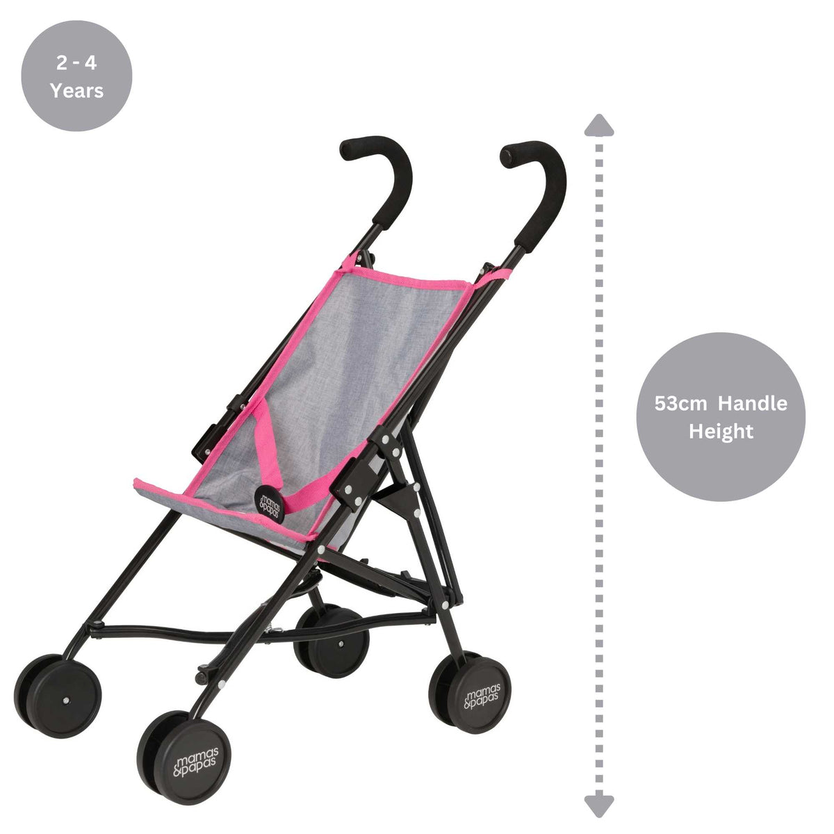 Mamas &amp; Papas Junior Doll Stroller in pink and grey, featuring a foldable and lightweight design for easy storage and portability, ideal for children&#39;s imaginative play with dolls.