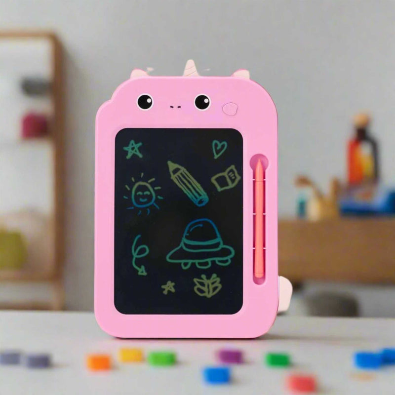 LCD writing tablet for kids featuring a colorful screen, 3D drawing capabilities, and a lightweight, kid-friendly design perfect for creative play and learning.